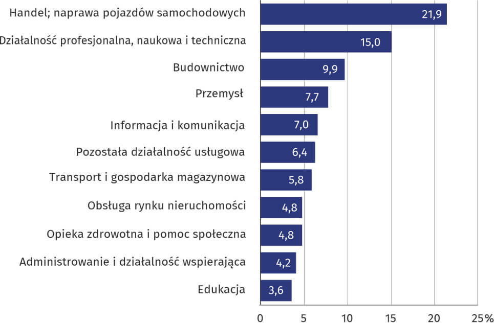 Udział podmiotów gospodarki narodowej według wybranych sekcji PKD w 2019 r.